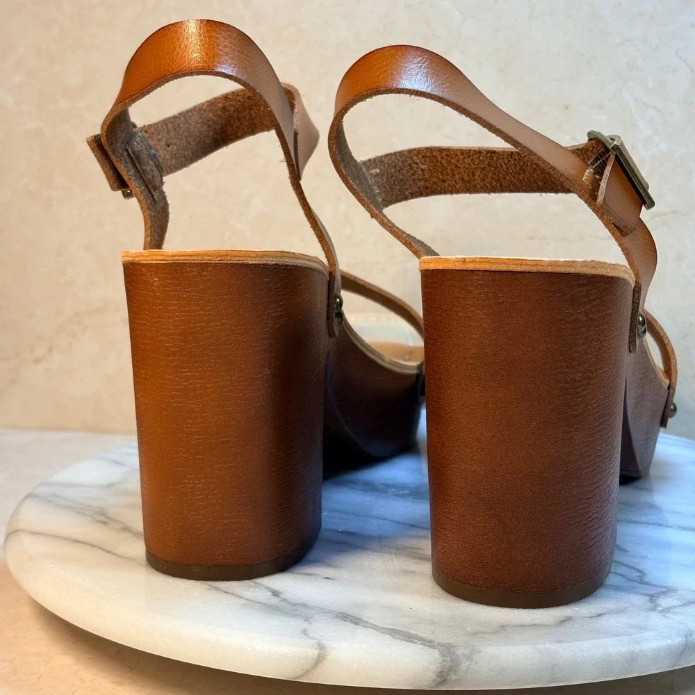 Madden NYC Lifft‎ Platform Block Heel Sandals Tan Leather Buckle Ankle Strap 9
